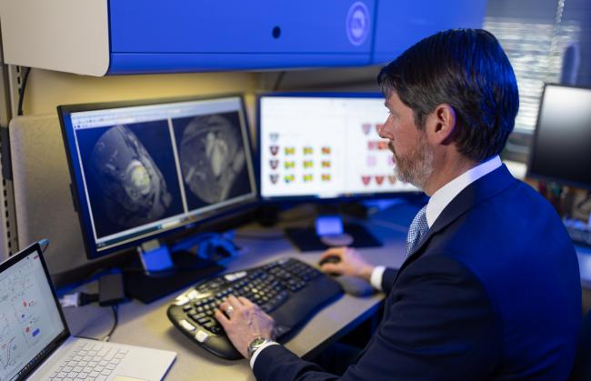 Wenk at desk reviewing research on screen